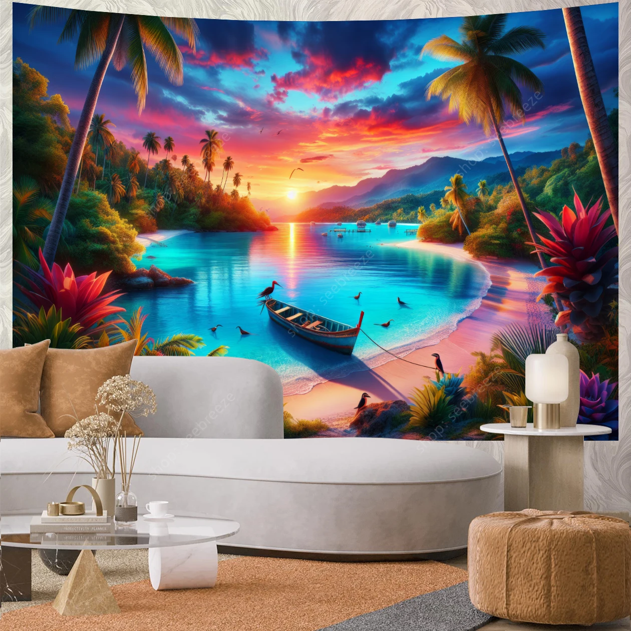 

Caribbean Sunset Paradise Tapestry Wall Hanging for Hippie Boho Aesthetic Room Decor Psychedelic Home Wall Decor Beach Towel