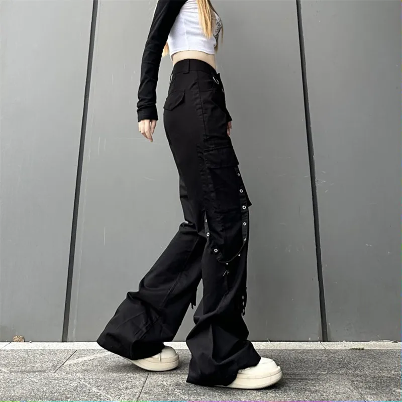 2023 Roupa Y2K Streetwear Moto Biker Black Straight Flare Cargo Jeans Pants Women Goth Clothes Harajuku Fashion Lady Trousers