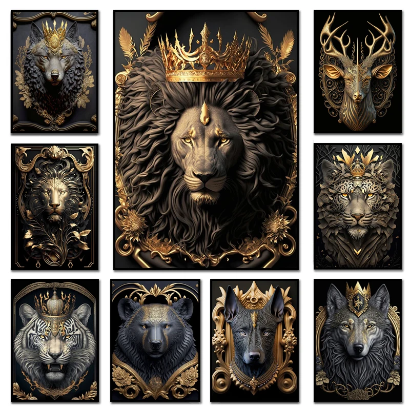 

Metal Sculpture Gorilla King Canvas Painting Golden Lion Tiger Deer Poster Art Animal Statue Pictures For Home Living Room Decor