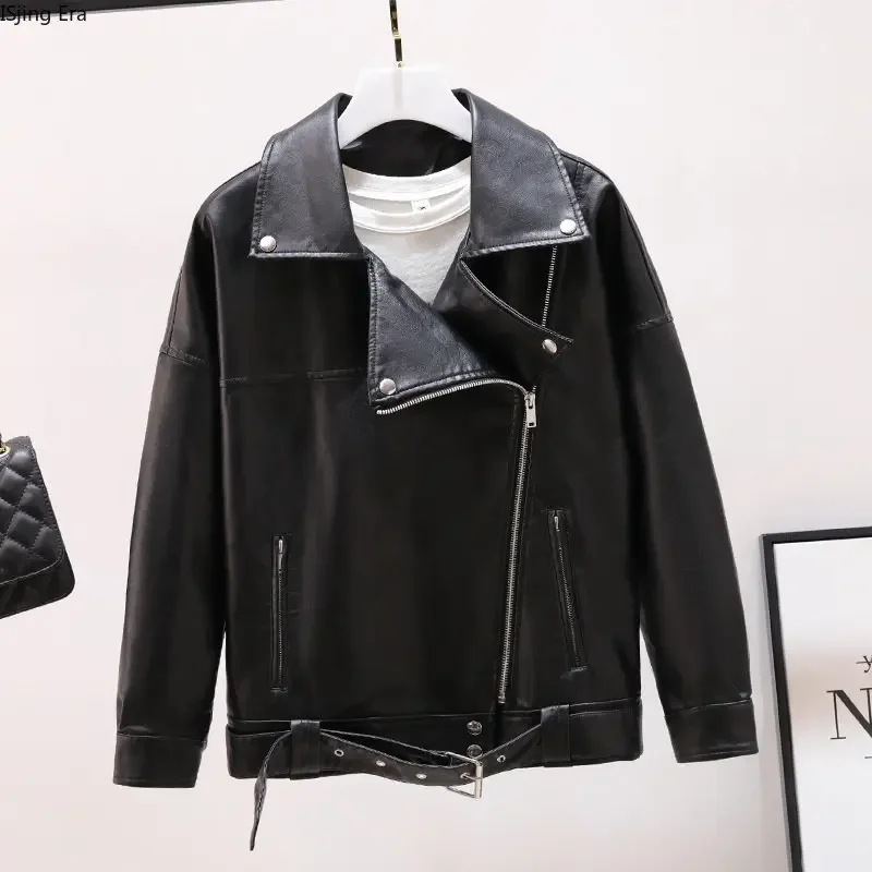 2023 New Motorcycle Leather Coat Women Loose Fit Suit Collar Pu Leather Jacket X12