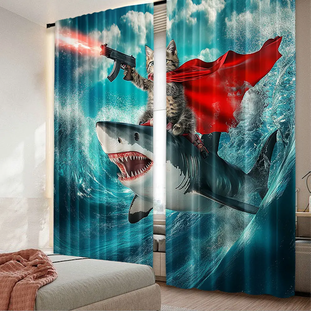 2Pcs Funny Pirate Cat Curtains For Curtains Cool Cat Riding Shark Whale In Universe Galaxy Hilariousfor Bedroom Living Room And