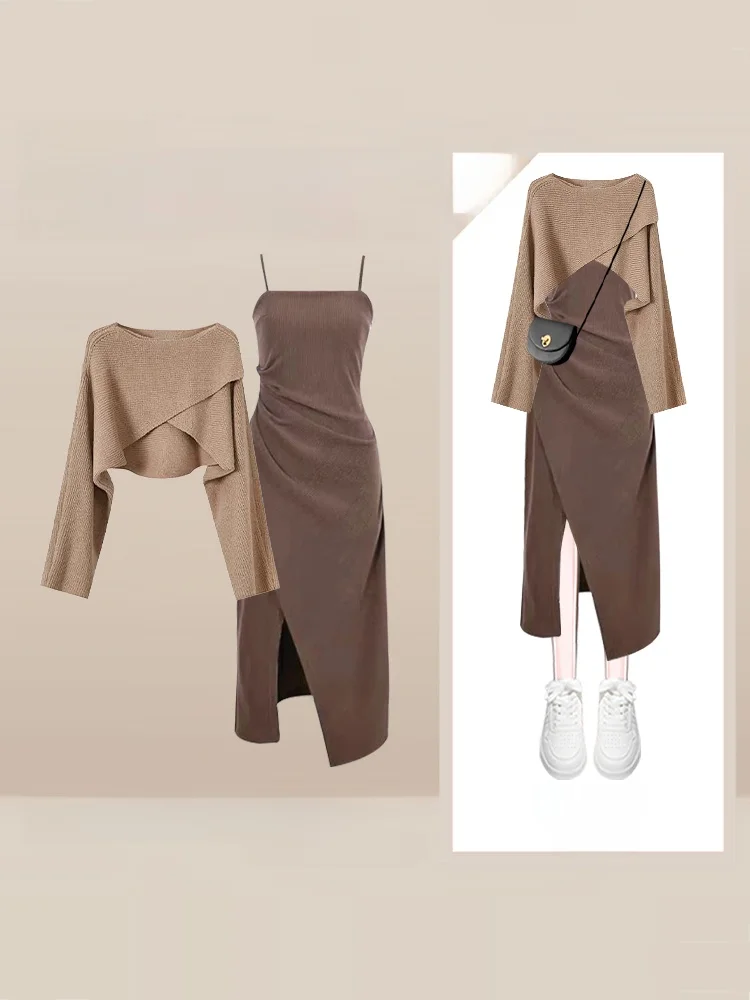 

Pure Desire Autumn 2025 Women's Long Sve Knitted Sweater round Ne Cross Design Slimming High Waist Dr Faion Set