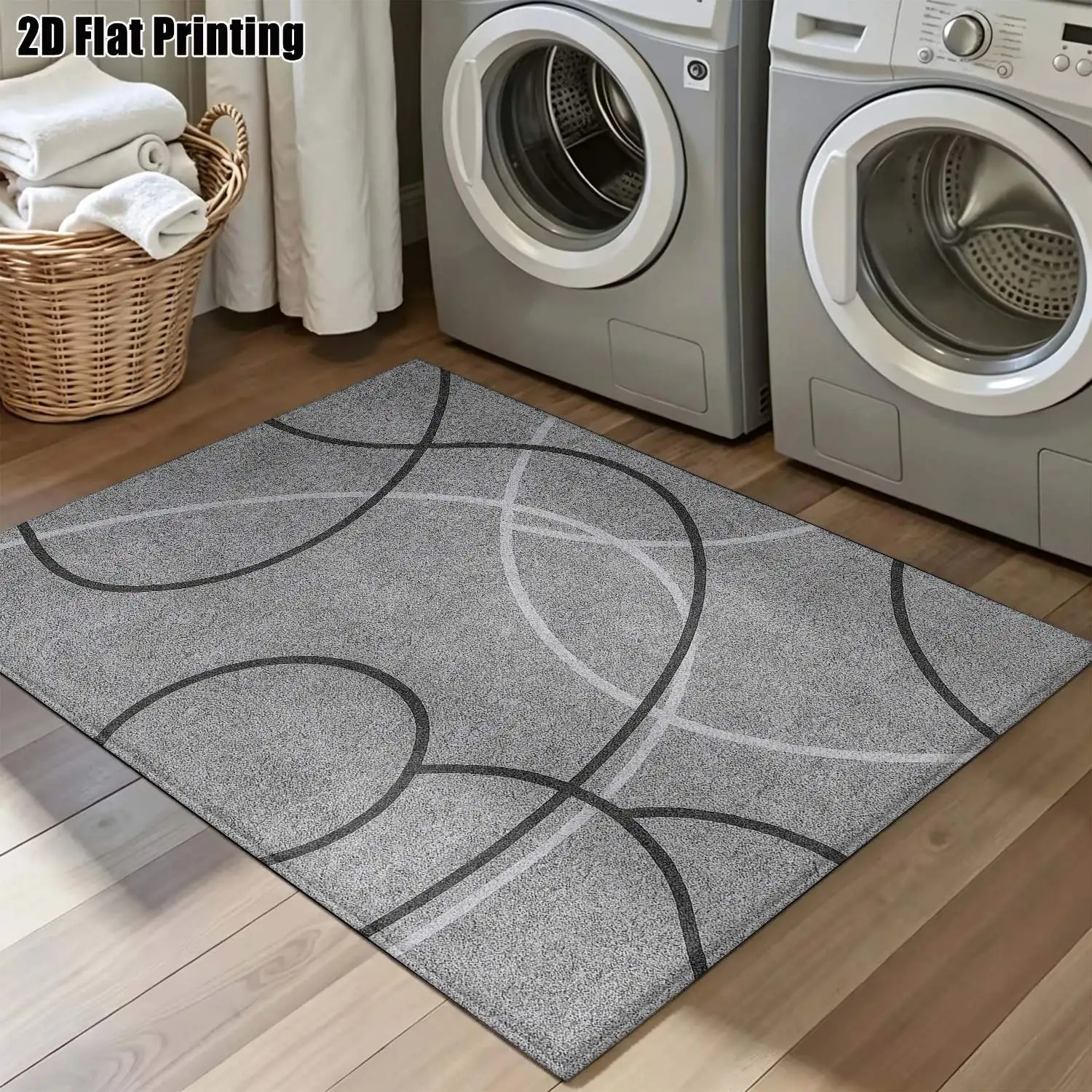 1Pc 2D Printed Nordic Minimalist Carpet, Gray Base Black-White Geometric Lines, Instagram-Inspired Floor Mat, Multi-Size Machine Washable, for Entrance/Dining/Bedroom/Living Room Home Decor