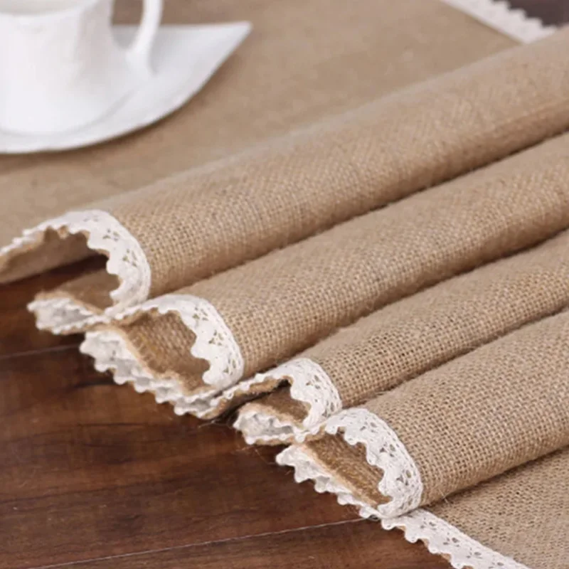 

YOZA Jute Table Runner Vintage Natural Burlap Lace Table Cover for Wedding Birthday Party Restaurant and Hotel Decoration