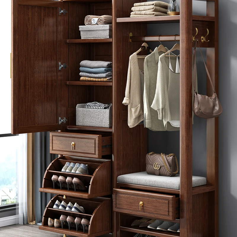 Coat Rack Walnut Home Shoe Cabinet Shoe Changing Stool Integrated Entrance Cabinet Storage Cabinet