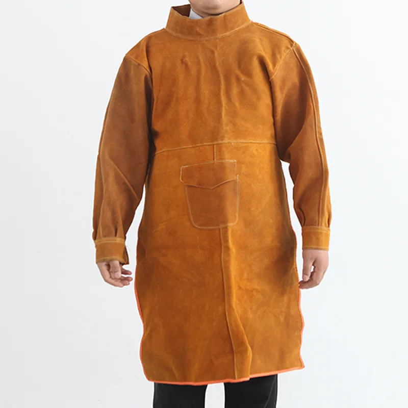 

Heavy Duty Cowhide Leather Welding Apron With Sleeves 105CM Long Flame Wear Resistant Welding Coat For Men