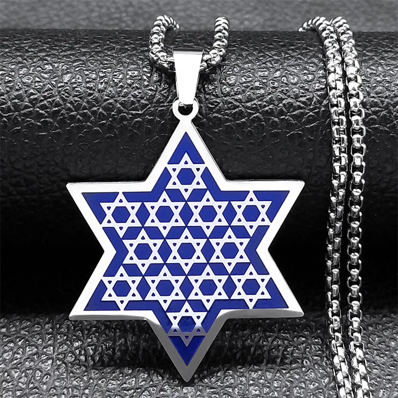 اليهودية السداسية العبرية قلادة الفولاذ المقاوم للصدأ اللون الأزرق نجمة داود درع إسرائيل سلسلة القلائد مجوهرات colar N8140S01