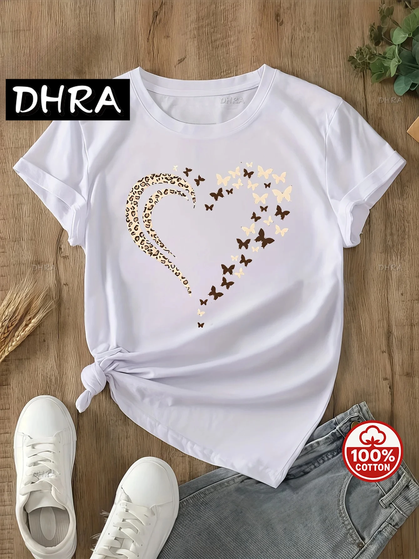 حار بيع Slee lar النسيج - مجموعة الربيع والصيف والخريف المرأة عارضة المتناثرة تي شيرت مع نمط القلب طاقم الرقبة خمر #2