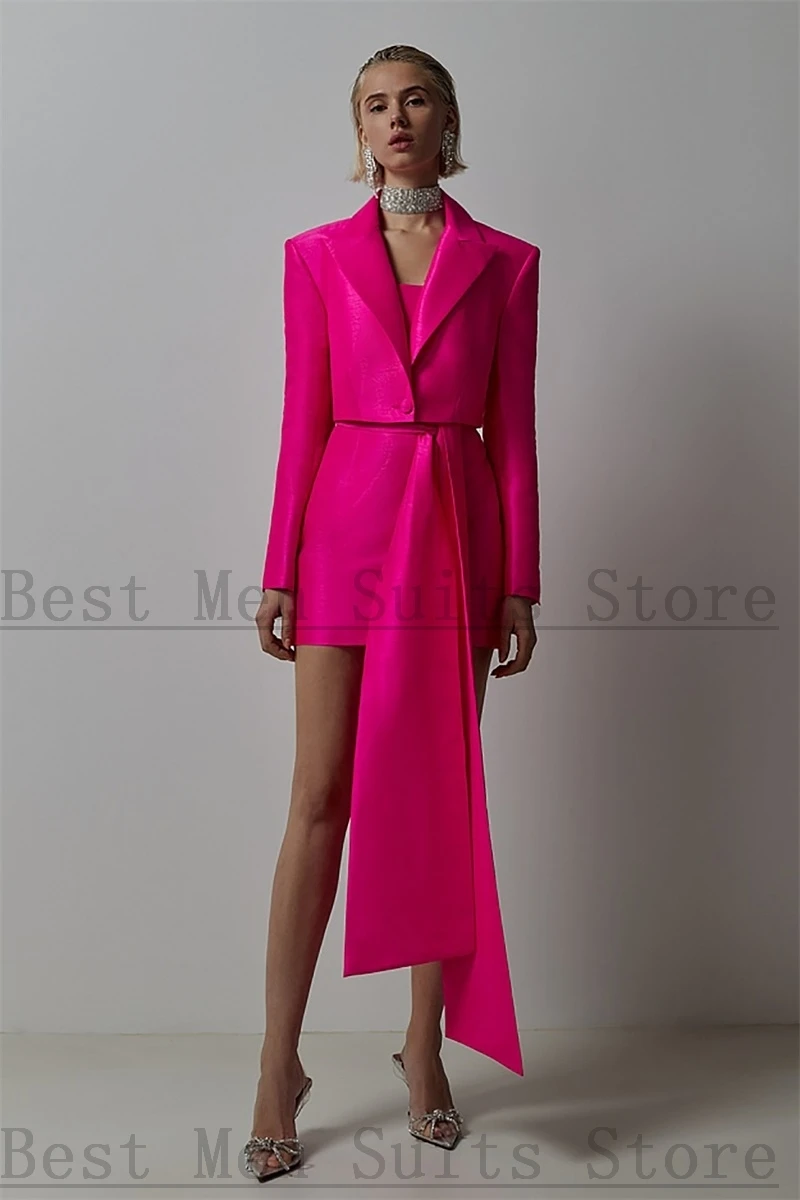 Fuchsia Pink Satin Women Skirt Suits Set Blazer+Top+Wide Leg Pants 3 Pieces Streetwear Jacket With Belt Prom Dress Tailored Made