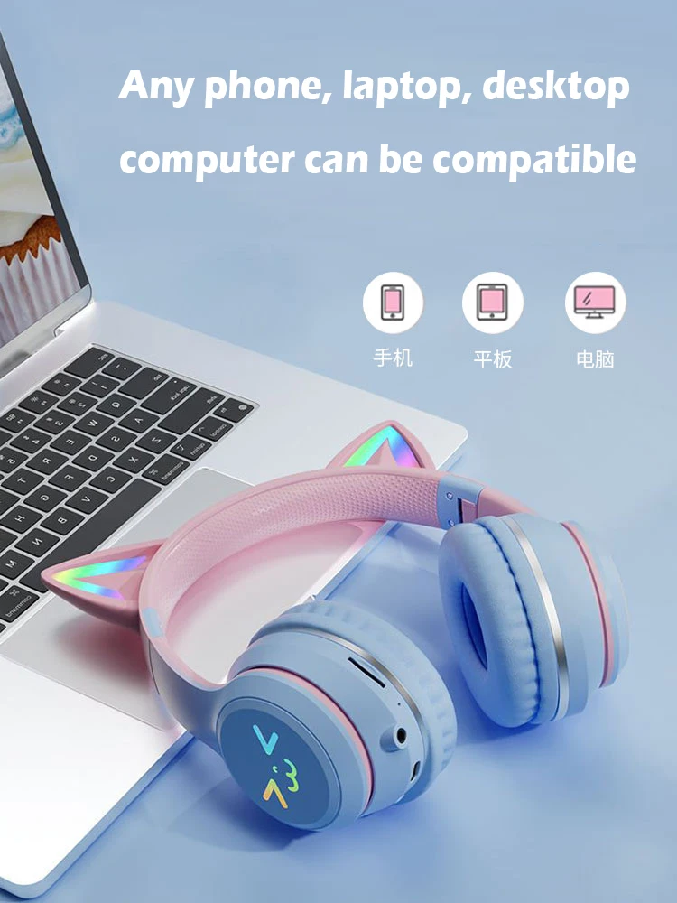 Cute Cat's Ear Bluetooth Headsets Gradient Color Wireless Headphones Mic Foldable Gaming Supports TF Card Noise Cancel Earphone image 2