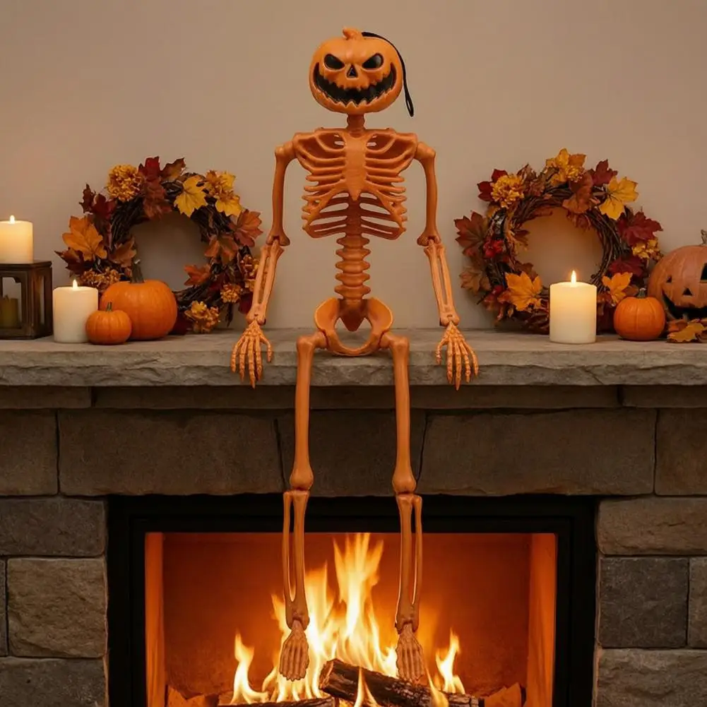 Hard Plastic Skeleton Posable 40cm Pumpkin Head Skeleton Figurine with Movable Joints Hanging Lanyard Halloween for Party