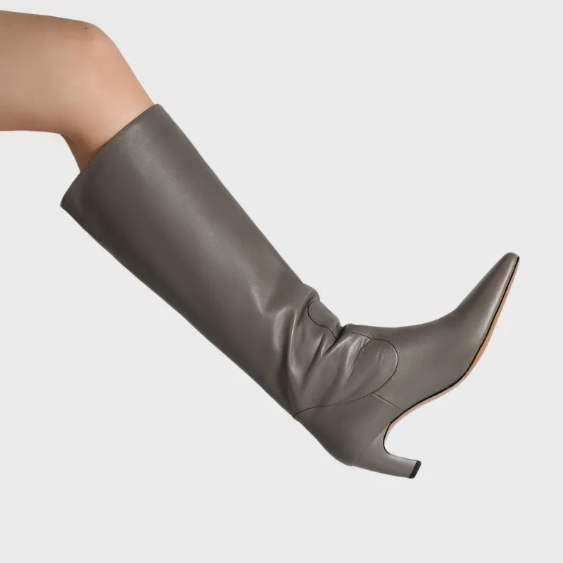 2025 New Autumn Grey Long Boots Small Square-head Big Tube Slip-on Coarse Following 6CM Solid Color Simple Style Knight Boots