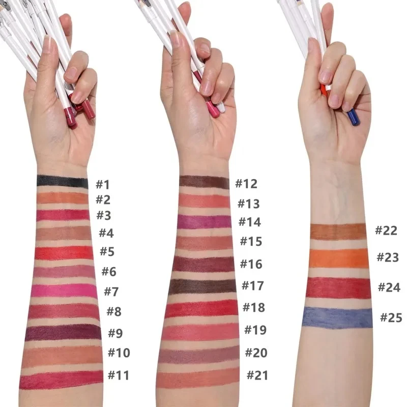Passen Sie das Logo an, 25-Farben-Lippenstift-Liner, OEM-kundenspezifische Kosmetik, Großhandel, wasserfest, Private Label-Make-up, Braun