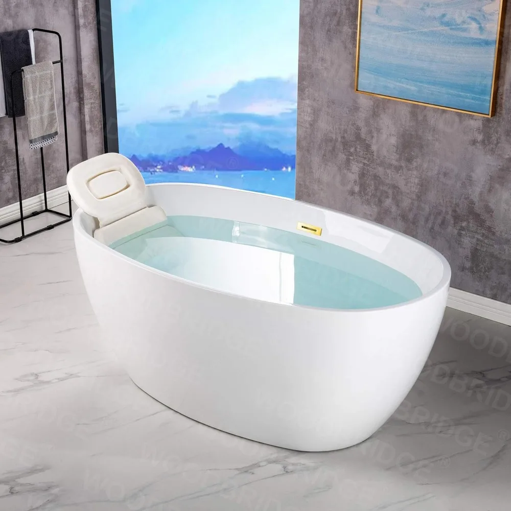 

Bathtubs, Acrylic Freestanding Bathtub, Contemporary Soaking White Tub with Brushed Gold Overflow and Drain,Anti-slip Bathtubs