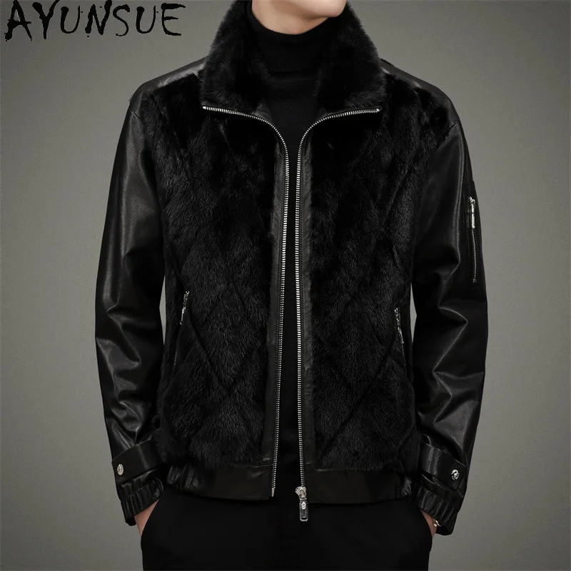 AYUNSUE New Genuine Leather Jacket Men Real Sheepskin Jackets for Men Natural Mink Fur Leather Jacket Fashion Chaquetas Hombre