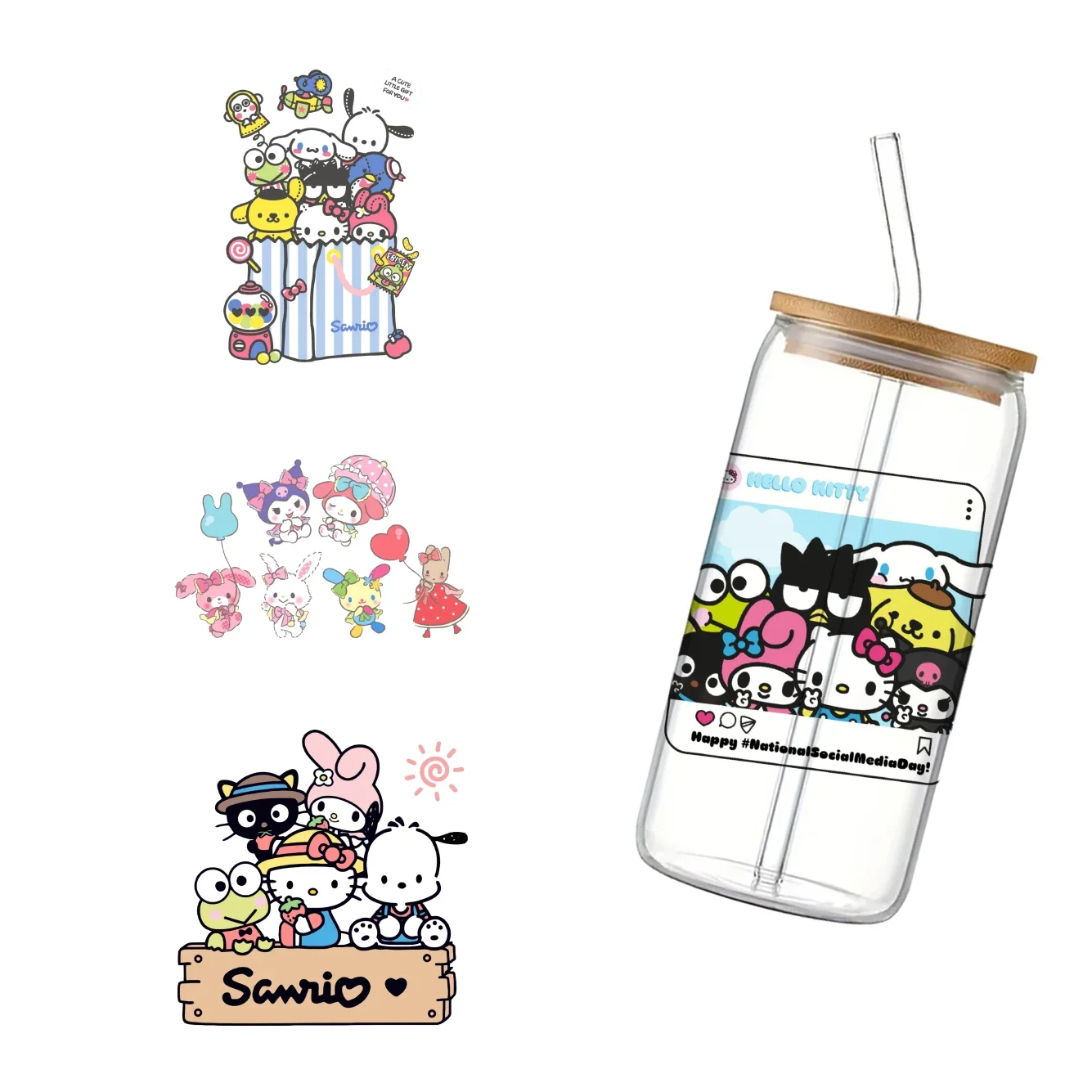 Sanrio Friends 11x11cm Cartoon Character Cup Wrap Sticker 16oz UV DTF Waterproof Sticker for Party Gift Laptop Luggage