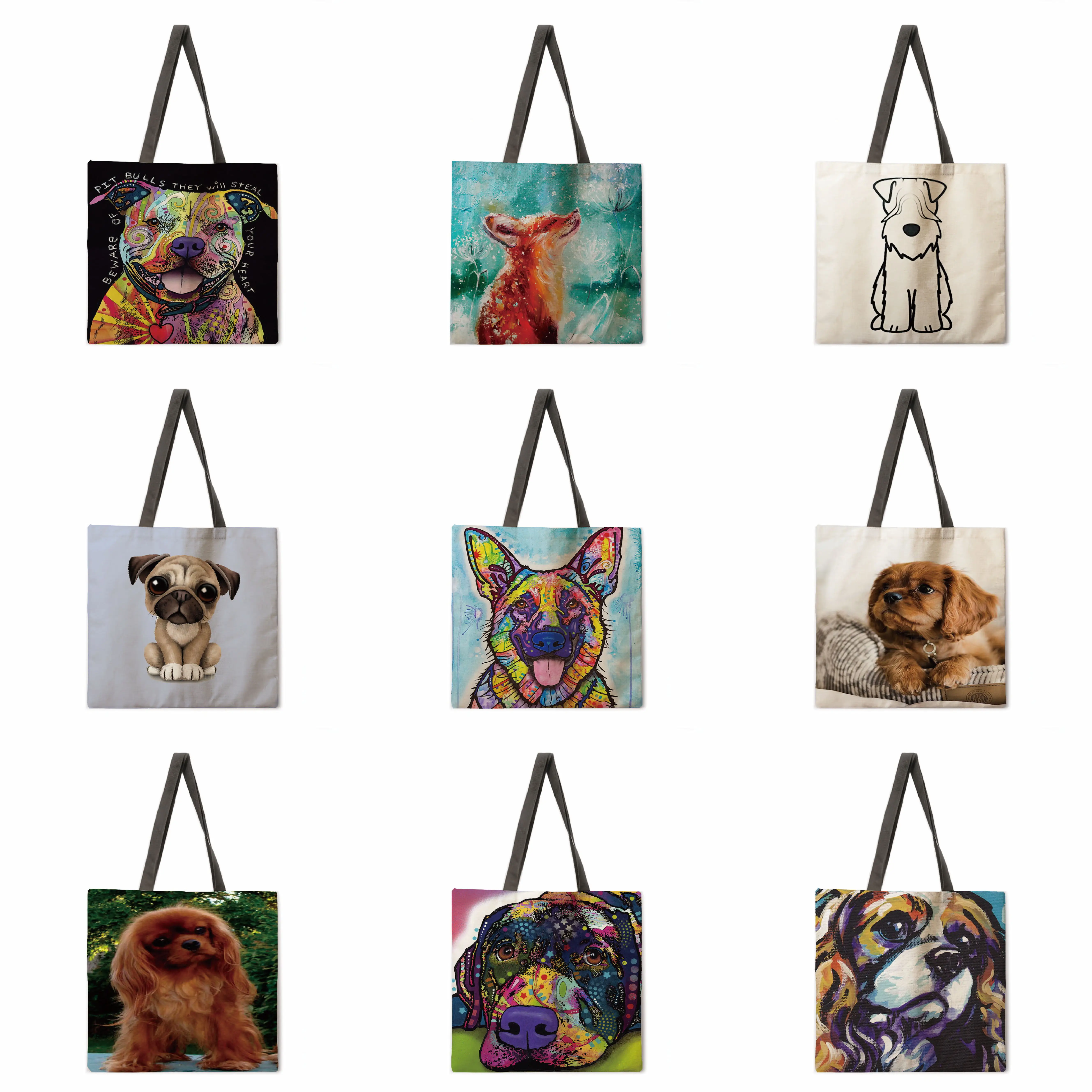 

Oil painting dog linen bag handbag light shoulder bag large capacity eco-friendly shopping bag tote bag