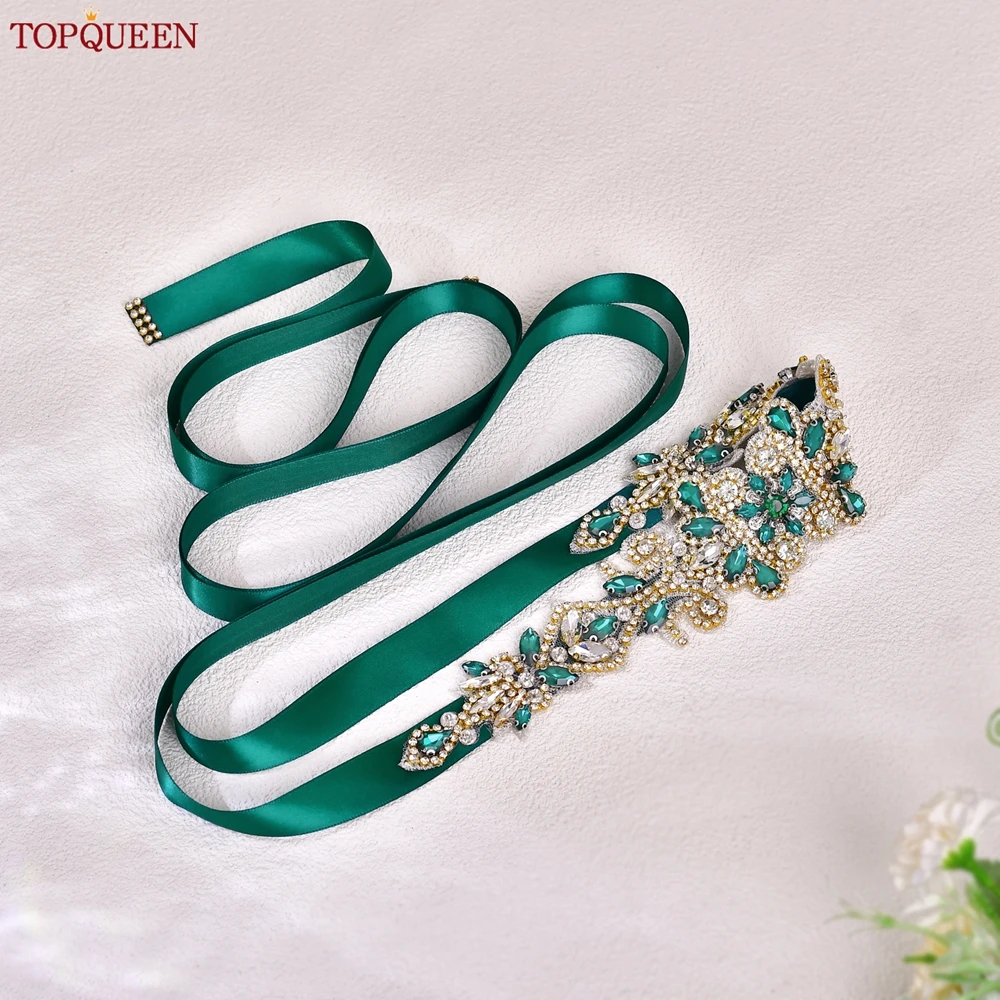 TOPQUEEN Bridal Wedding Dress Belt Gold Handmade Luxury Sash Accessories Women Daily Evening Party Gown Green Rhinestone S12-KL