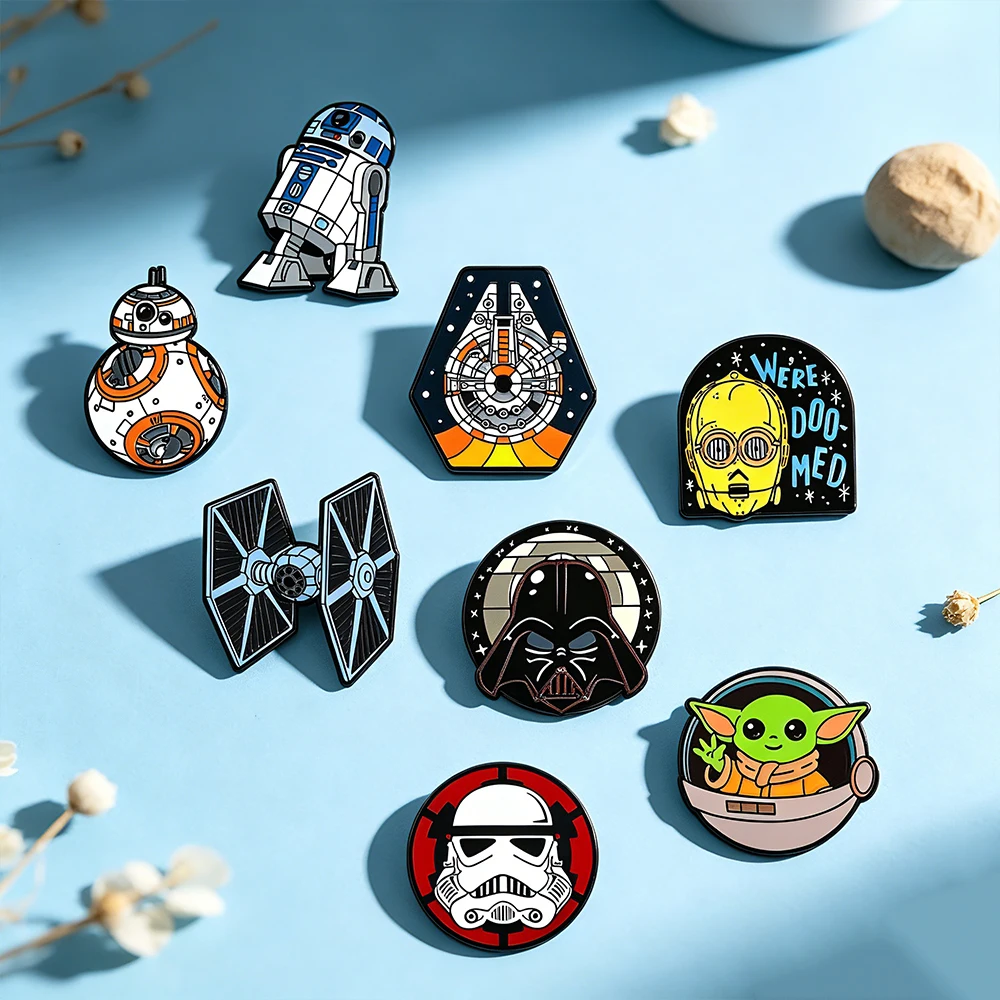 8pcs Star Wars Enamel Brooch Set R2-D2 BB-8 TIE Fighter Darth Vader Millennium Falcon Stormtrooper Grogu Clothing Jewelry image 2
