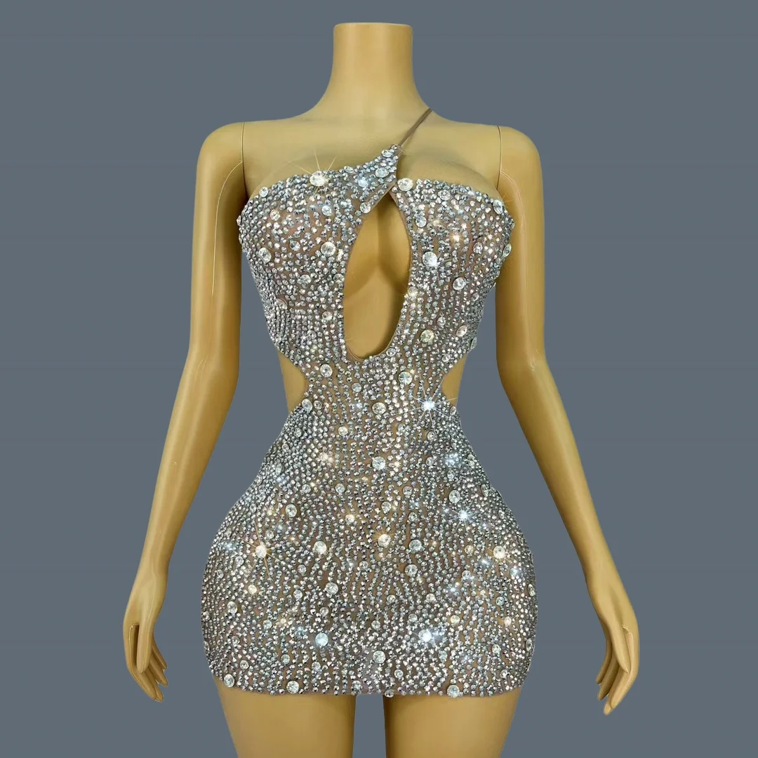 Shining Crystals Sexy Hollow Out Backless Mini Dress for Women Cocktail Party Birthday Red Carpet Performance Costume Xingzhi