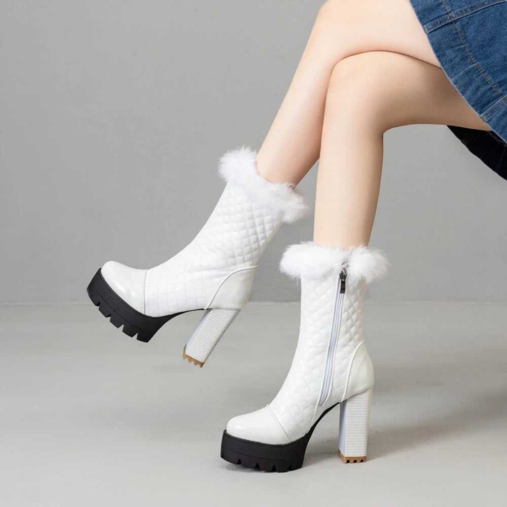 أحذية الشتاء الفراء الدافئة موضة أبيض أحذية سوداء برقبة للنساء الشتاء عالية الكعب سوبر ساحة عالية الكعب 11 سنتيمتر حجم كبير 47 48 8-6 #6