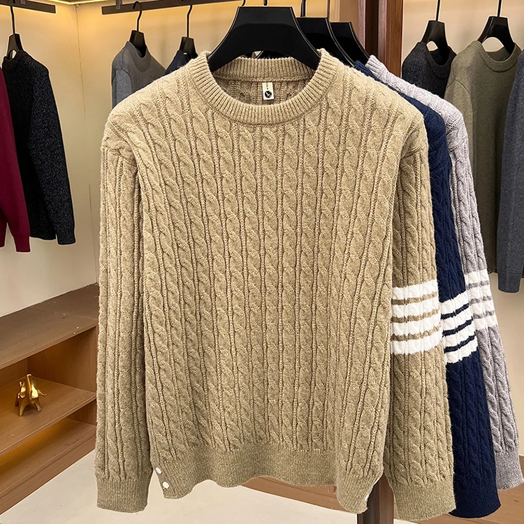 Hochwertige Rundhalspullover Herren Casual Neue Trend Marke Persönlichkeit Streifen Zipper Herbst Winter Komfort Warm Stricken Sweater – Detail 7