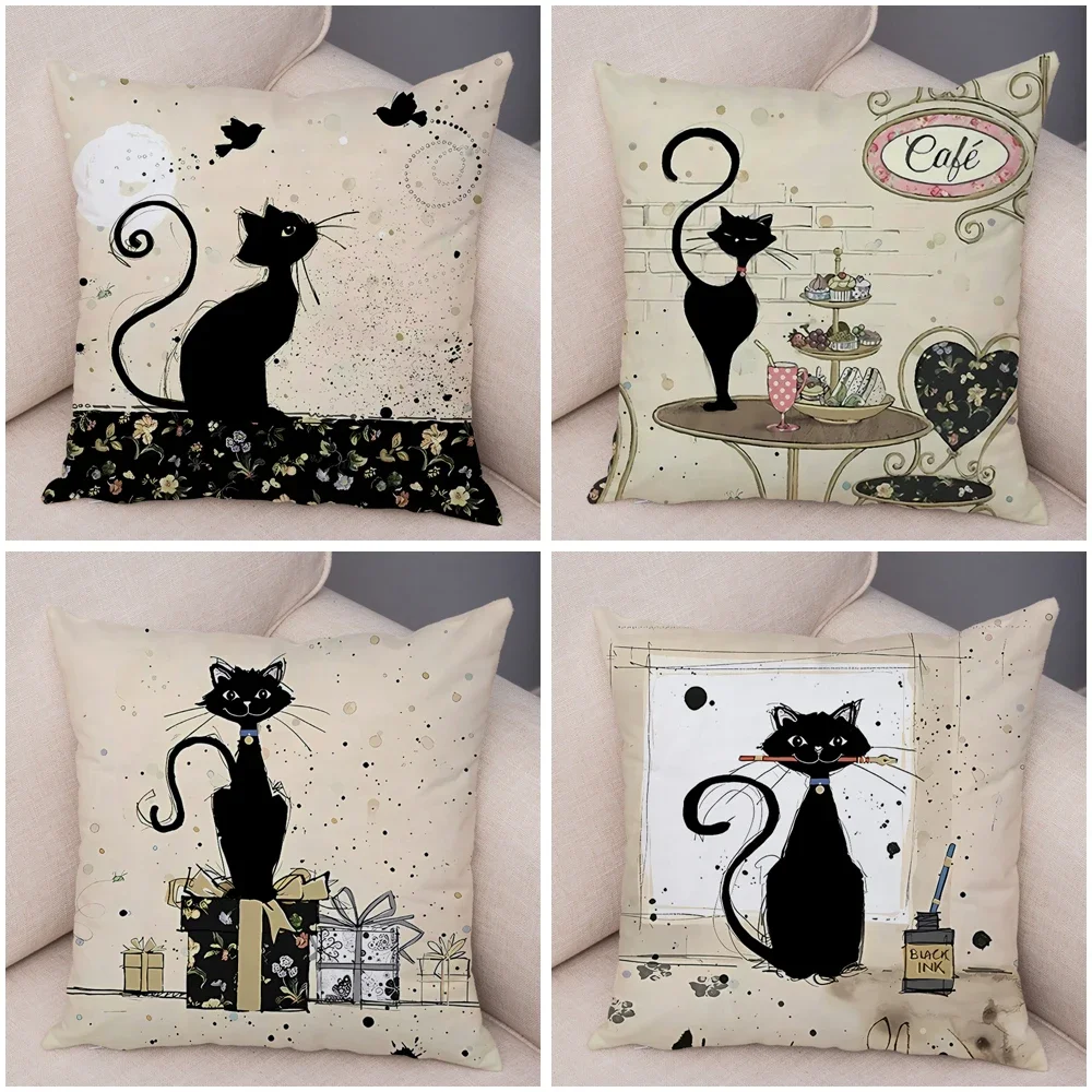 Double Print Cute Elegant Black Cat Cushion Cover Decor Cartoon Animal Pillow Case for Sofa Home Car Soft Plush Throw Pillowcase