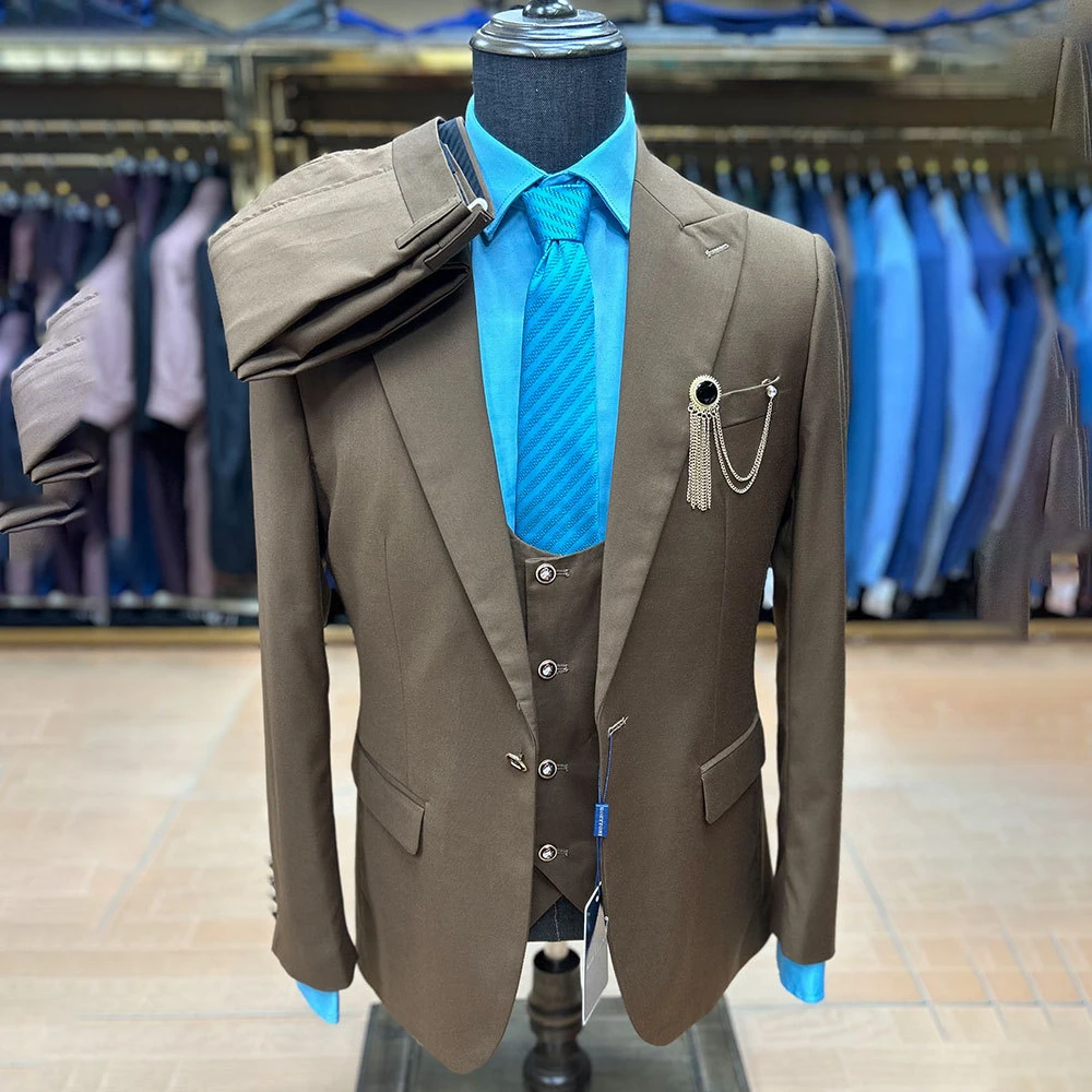 

Bespoke Men's Suits Fashion One-button Peak Lapel Slim Fit 3 Piece Jacket Pants Vest High Quality Business Smart Casual Outfits