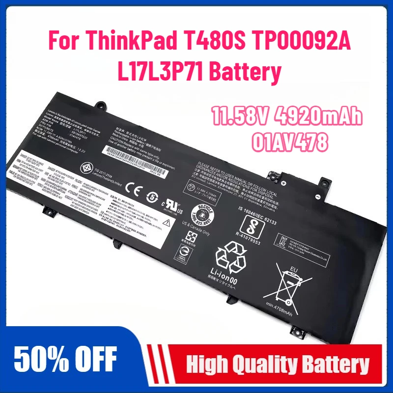 11.58V 4920mAh Laptop Battery L17L3P71 for Lenovo ThinkPad T480S L17M3P71 L17M3P72 01AV478 01AV479 01AV480 SB10K97620 SB10K97621