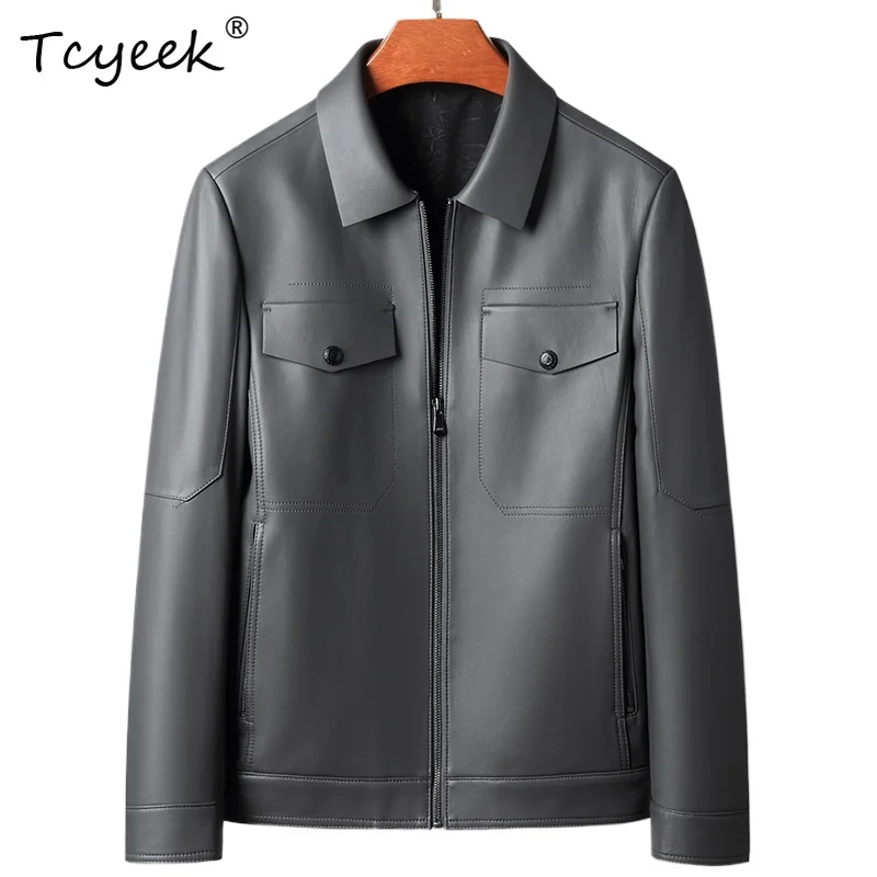 

Tcyeek Натуральная овчина Весна Осень Модная Светло-серая короткая мужская куртка из натуральной кожи Куртка Кожаная Мужская 가죽 자켓