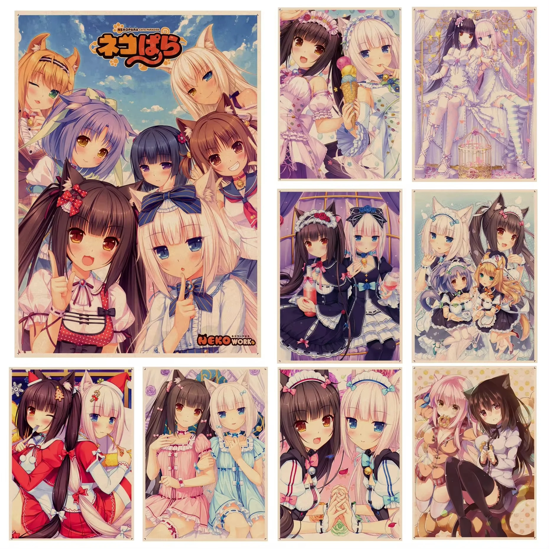 Nekopara Neko Para Chocola Vanilla Anime Classic Anime Poster Whitepaper Sticker DIY Room Bar Cafe Aesthetic Art Wall Painting