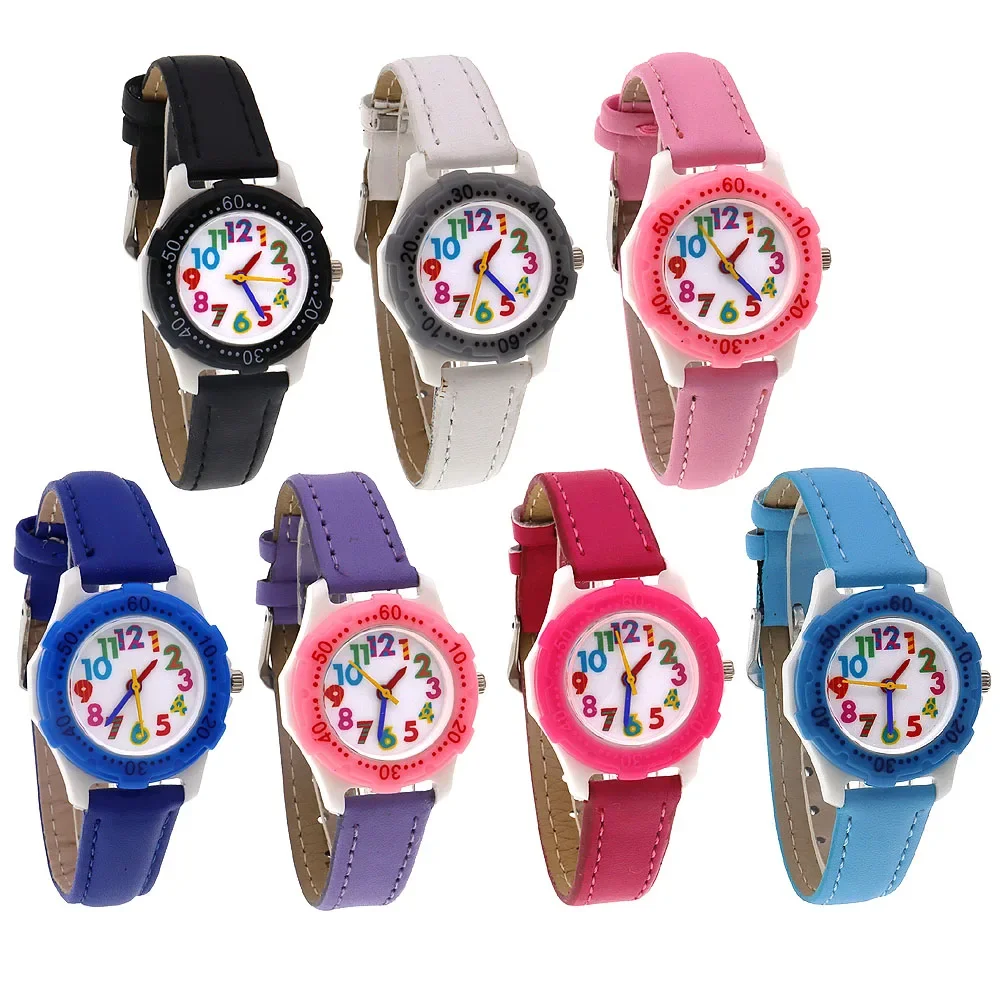 7PCS Colorful Dial Children's Watch Lot Plastic Case 28mm Unisex Kids Wristwatch for Girls And Boys