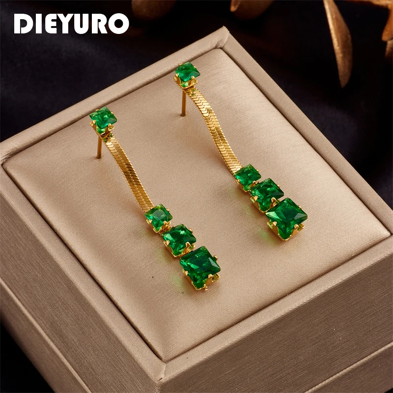 DIEYURO 316L Stainless Steel Green White Crystal Drop Earrings For Women 2-Color Fashion Girls Ear Jewelry Party Wedding Gift