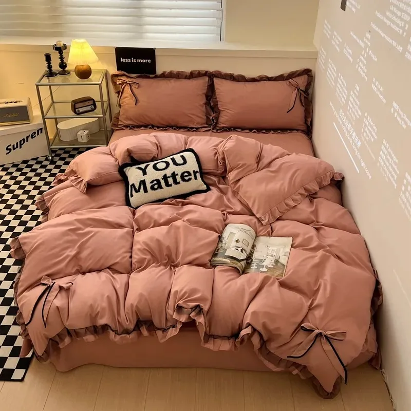 Ins Princess Style Ruffle Trim Duvet Cover Set - Washed Cotton Korean-Style Minimalist Sheet 4-Piece/3-Piece Bedding for Girls