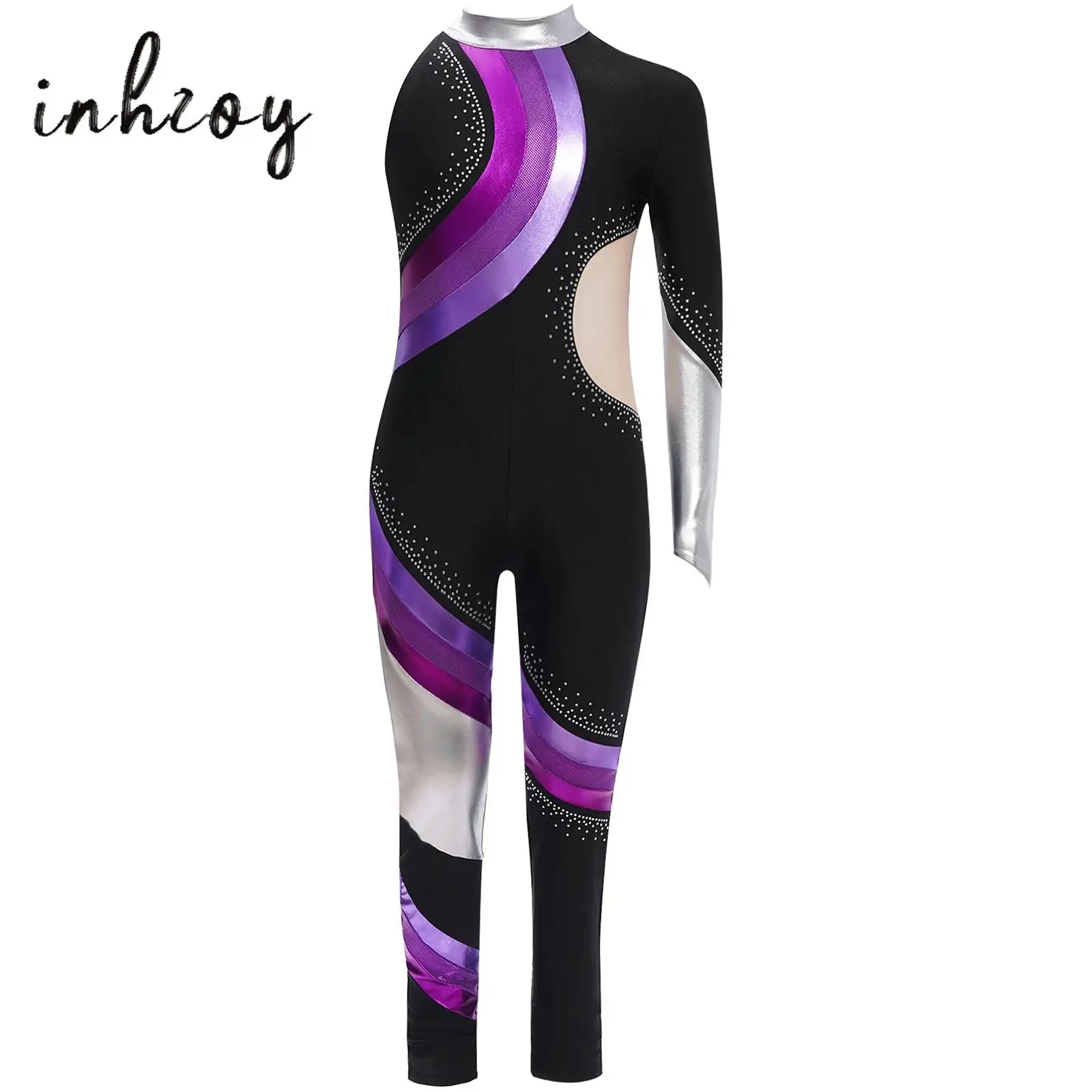 

Kids Girls Rhythmic Gymnastics Jumpsuit Color Block Shiny Rhinestones Asymmetrical Full Length Leotard Bodysuit Ballet Costume