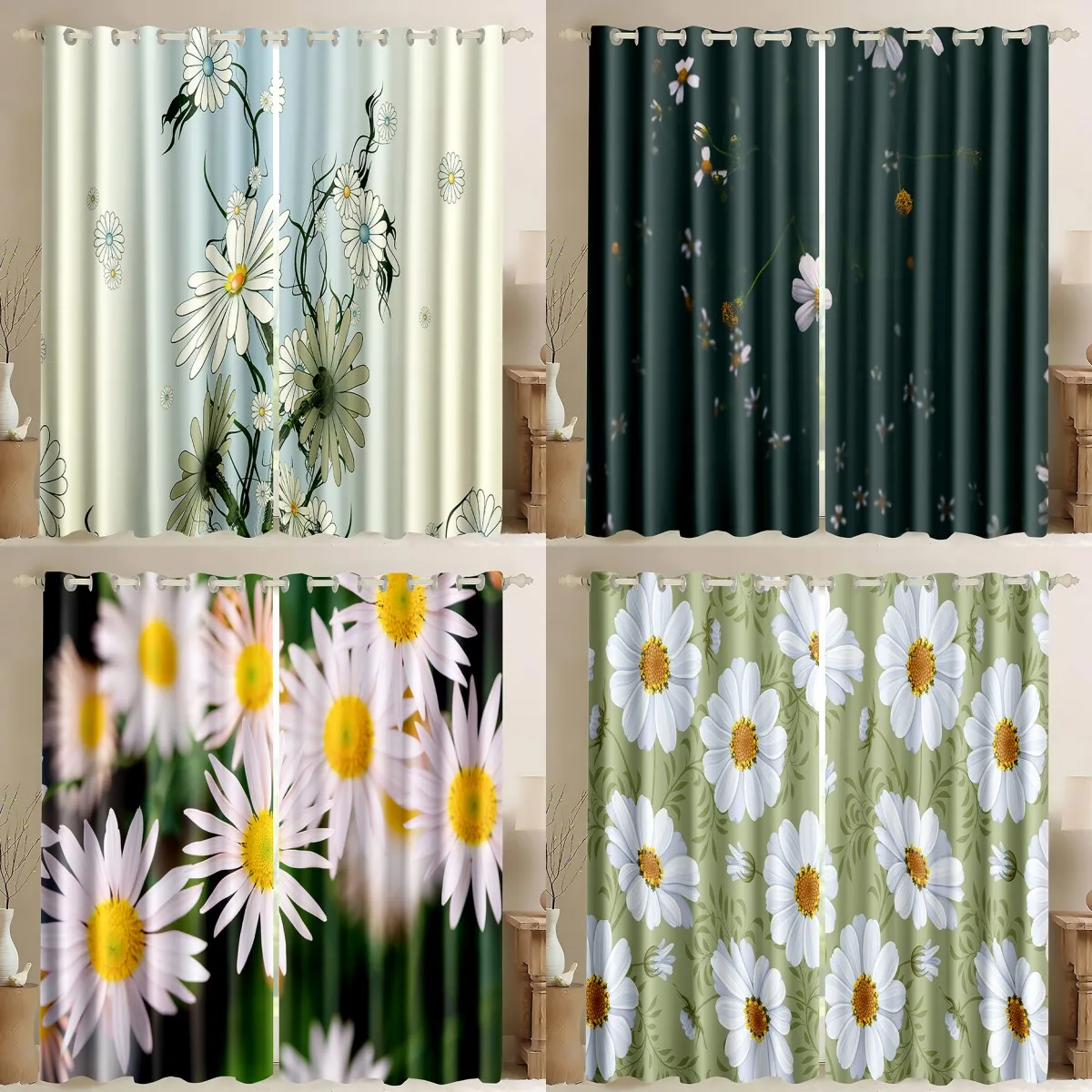 

Daisy Flowers Bouquet Blackout Curtains for Living Room Bedroom Kitchen 3D Print Plant 90% Shading Window Curtain