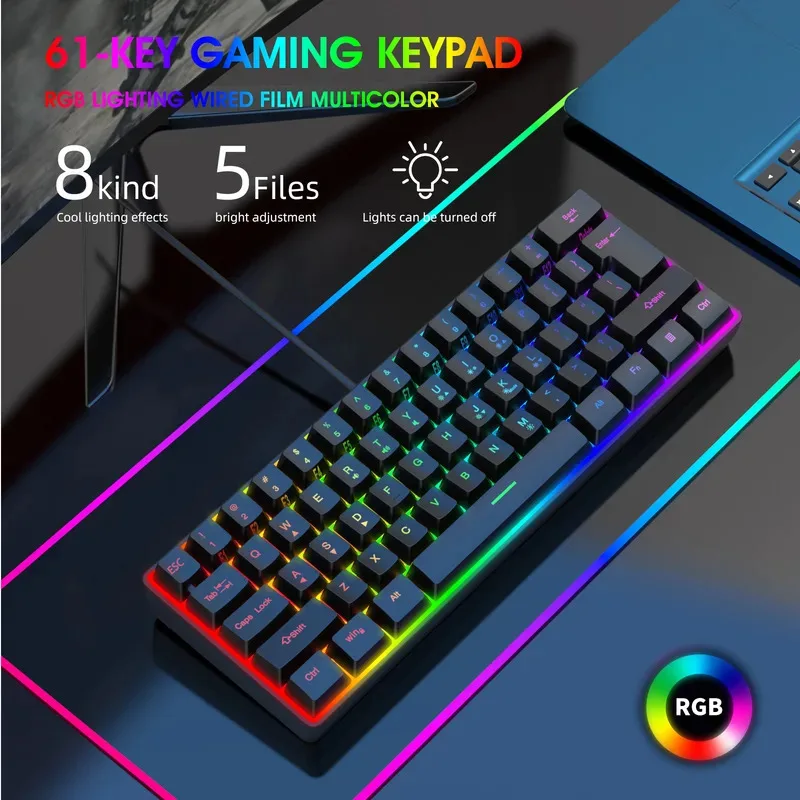 

61 Key K401 Notebook Desktop Wired Gaming Mini Keyboard Waterproof RGB Luminous E-Sports Leisure Office Mechanical Keyboard