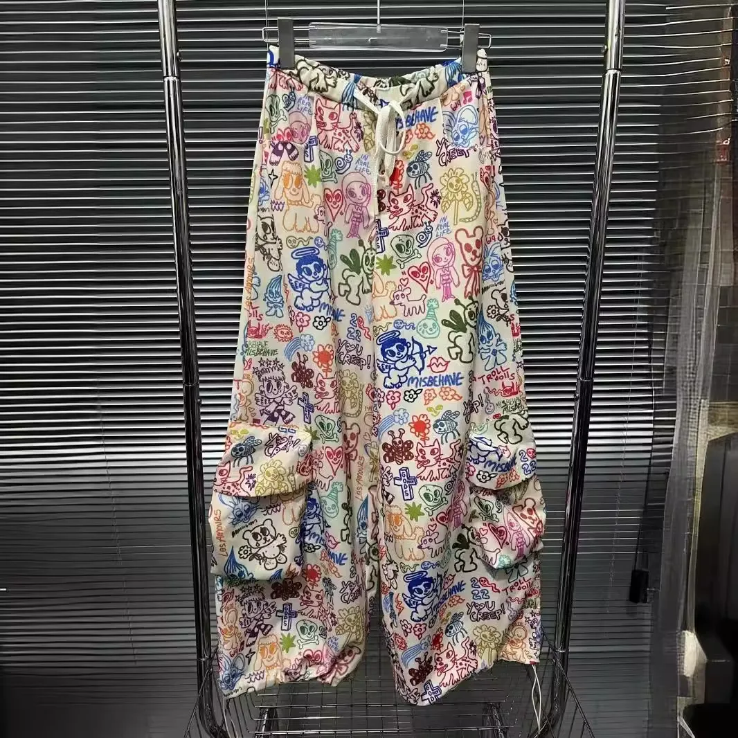 American color retro casual pants hand-painted graffiti overalls women's autumn new high waist loose wide leg casual pants