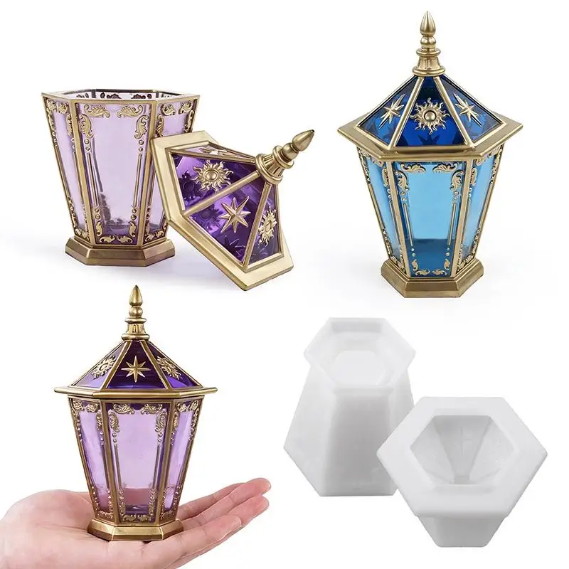 DIY Lighthouse Silicone Mold With Lid Crystal Epoxy Resin Star Moon Hexagon Crystal Cluster Mirror Storage Box Mold Home Decor
