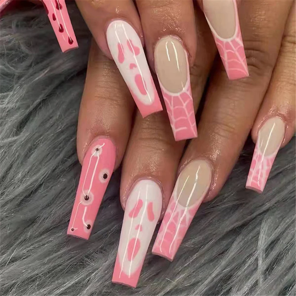 Halloween Party Manicure Long Ballerina Nails Set Press On Nails Pink Ghost Fake Nails With Designs French Coffin Nail Tips