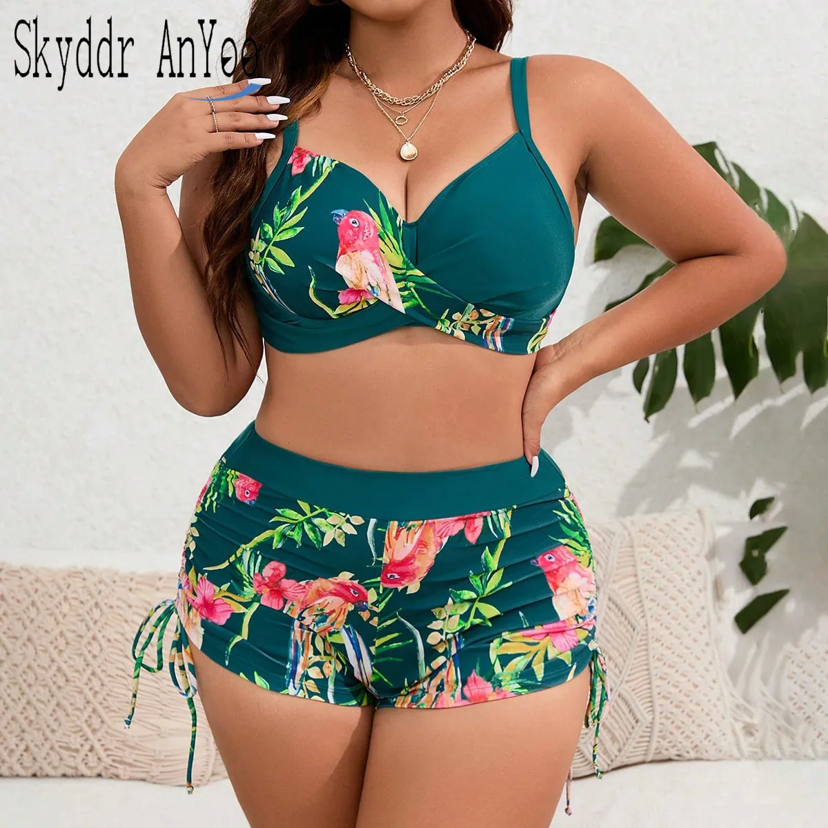 Women's Plus Size Two Piece Swimsuits 2024 Printed Swimwear High Waist Bikinis Set Push Up Feminine Bikinis Bathing Suits