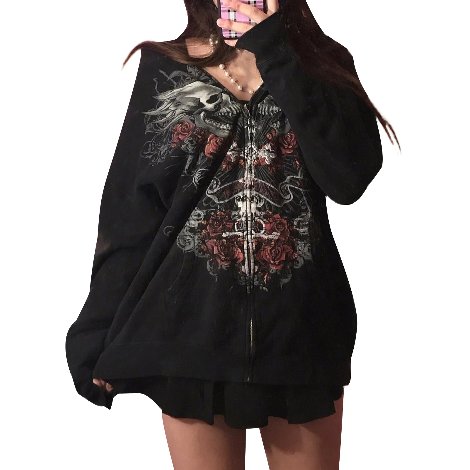 Women's Aesthetic Hooded Sweatshirt, Adults Casual Skull Print Long Sleeve Cardigan, Streetwear with Pockets