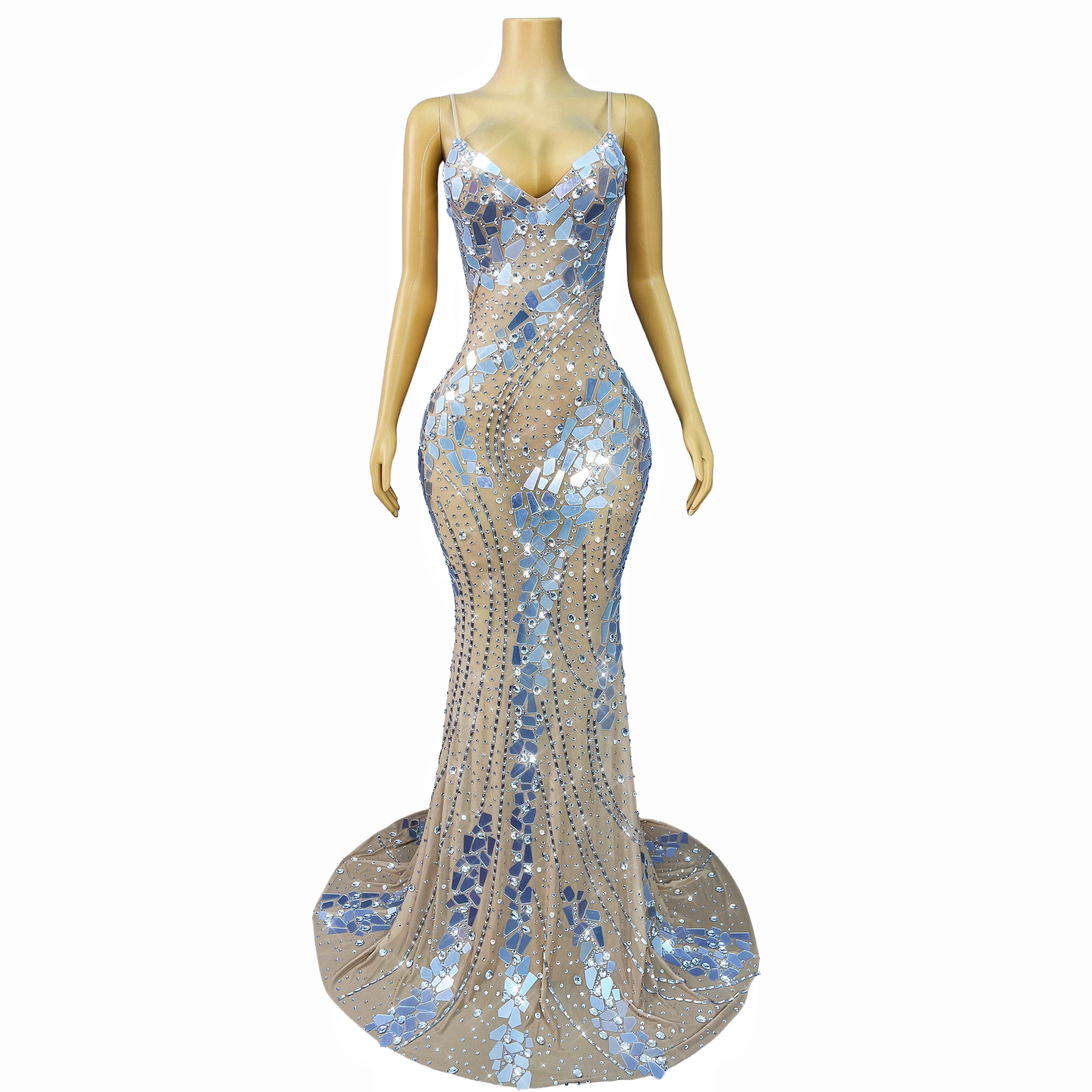 Espejos plateados parpadeantes de alta gama, tirantes de diamantes de imitación, vestido de cola, vestido de fiesta de noche, alfombra roja, traje de escenario para espectáculo Jinyinpian