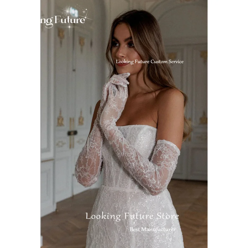 Semplice a-line Mini abito da sposa bianco Sexy senza spalline formale piega lucido paillettes senza maniche Vintage Backless corto da sposa cresciuto