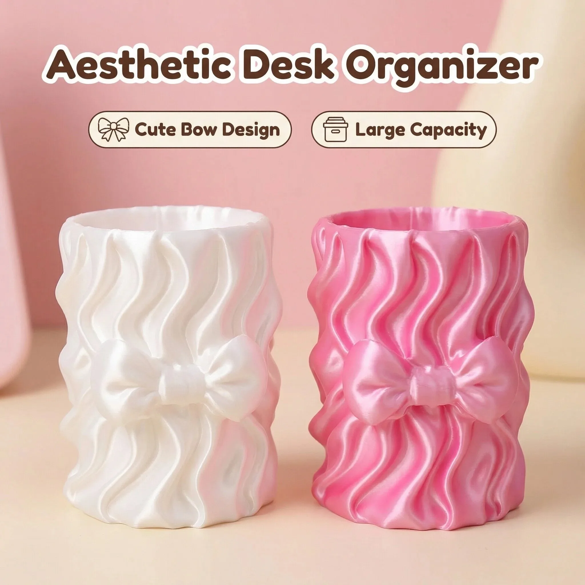 Satin Wave Bow Makeup Brush Holder, Cute Desk Organizer, Multi-Purpose Storage Cup for Pens, Cosmetics & Vanity Essentials
