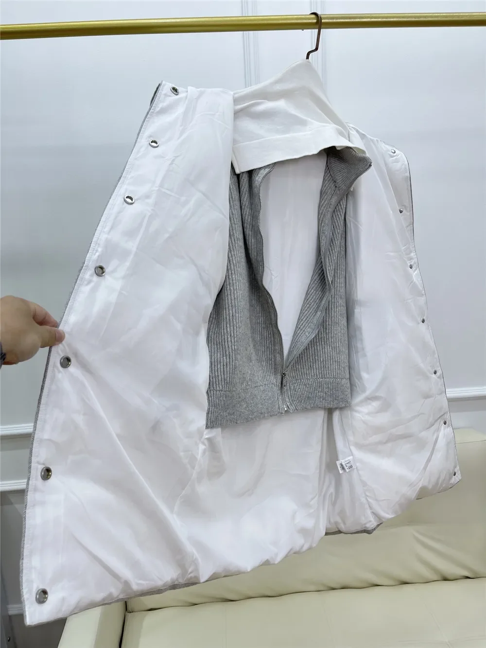 Autumn Winter Women Fake Two-Piece Goose Down Jacket Single Breasted Long Sleeve Loose Wool Cashmere Mid-Length Hooded Coat