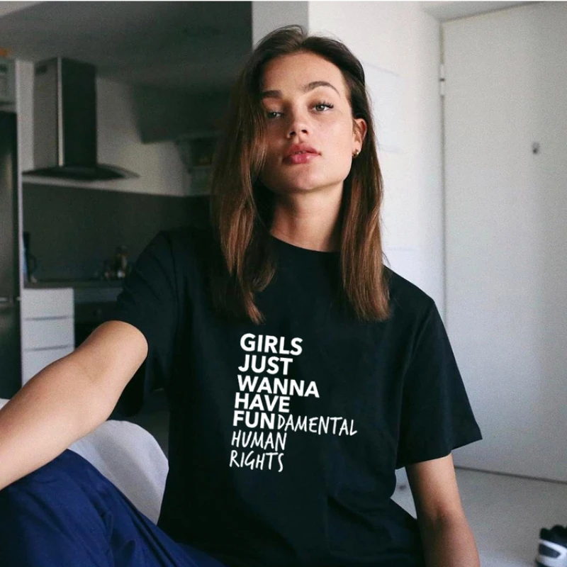 

Girls Just Wanna Have Fundamental Human Rights Print Feminist T-shirt Women Short Sleeve Summer O-neck Tops Tee Camisetas Mujer