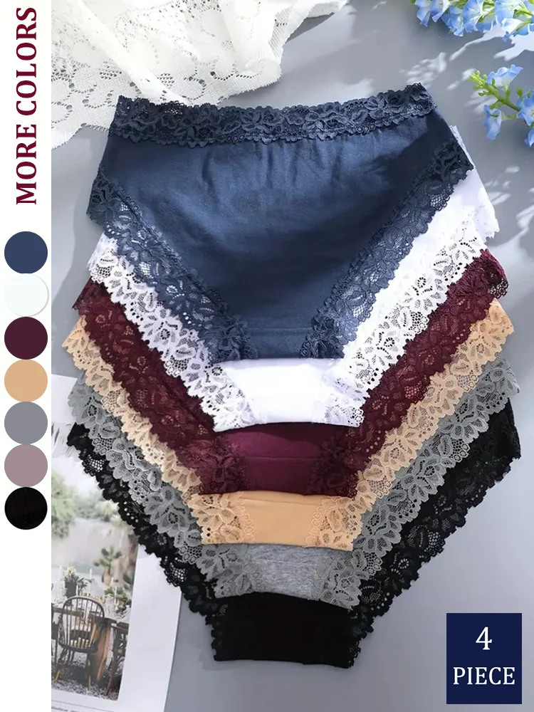 

4Pcs Sexy Cotton Lace Panty Women Low Waist Panties Underwear S-XL Solid Color Ladies Briefs Lingere Underware Comfortable Women