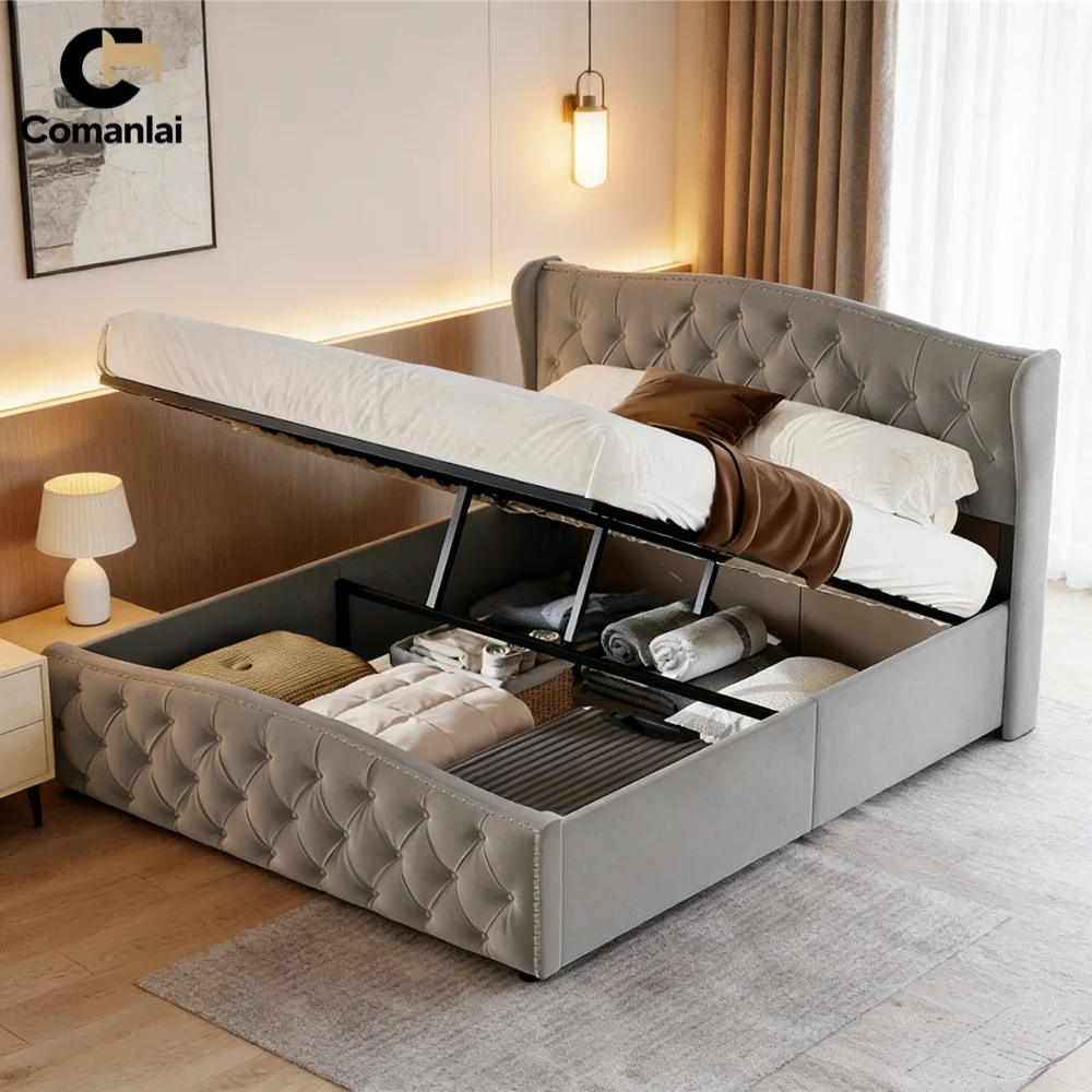 Lit double rembourré Comanlai Gray Willow Decor 140x200cm/160X200cm avec sommier à lattes, cadre de lit avec rangement hydraulique