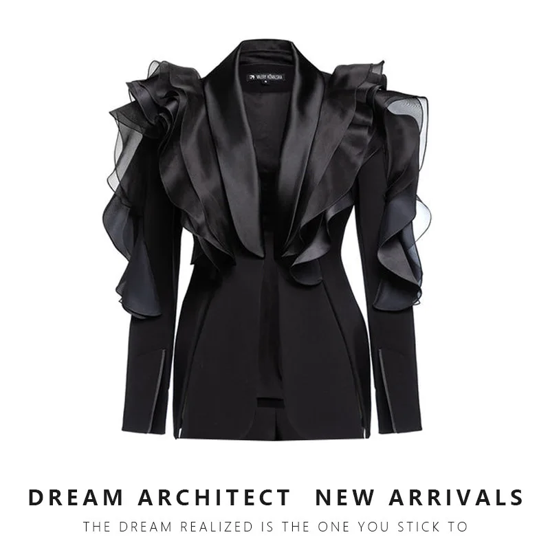 

2025 Autumn/Winter New Black 3D Patchwork Ruffled Trim Suit Jacket - Asymmetrical Slim Fit Women Clothing